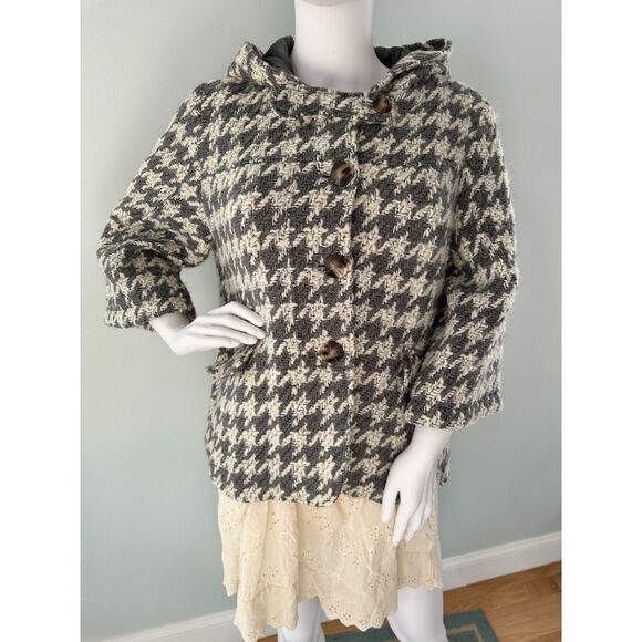 Anthropologie Cropped Houndstooth Hooded Jacket Wool Blend Grey Coat size M - Picture 6 of 10